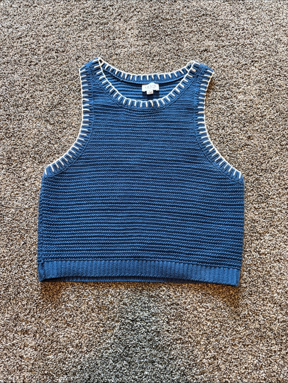 Le Lis Blue Knit Cropped Tank with White Stitching